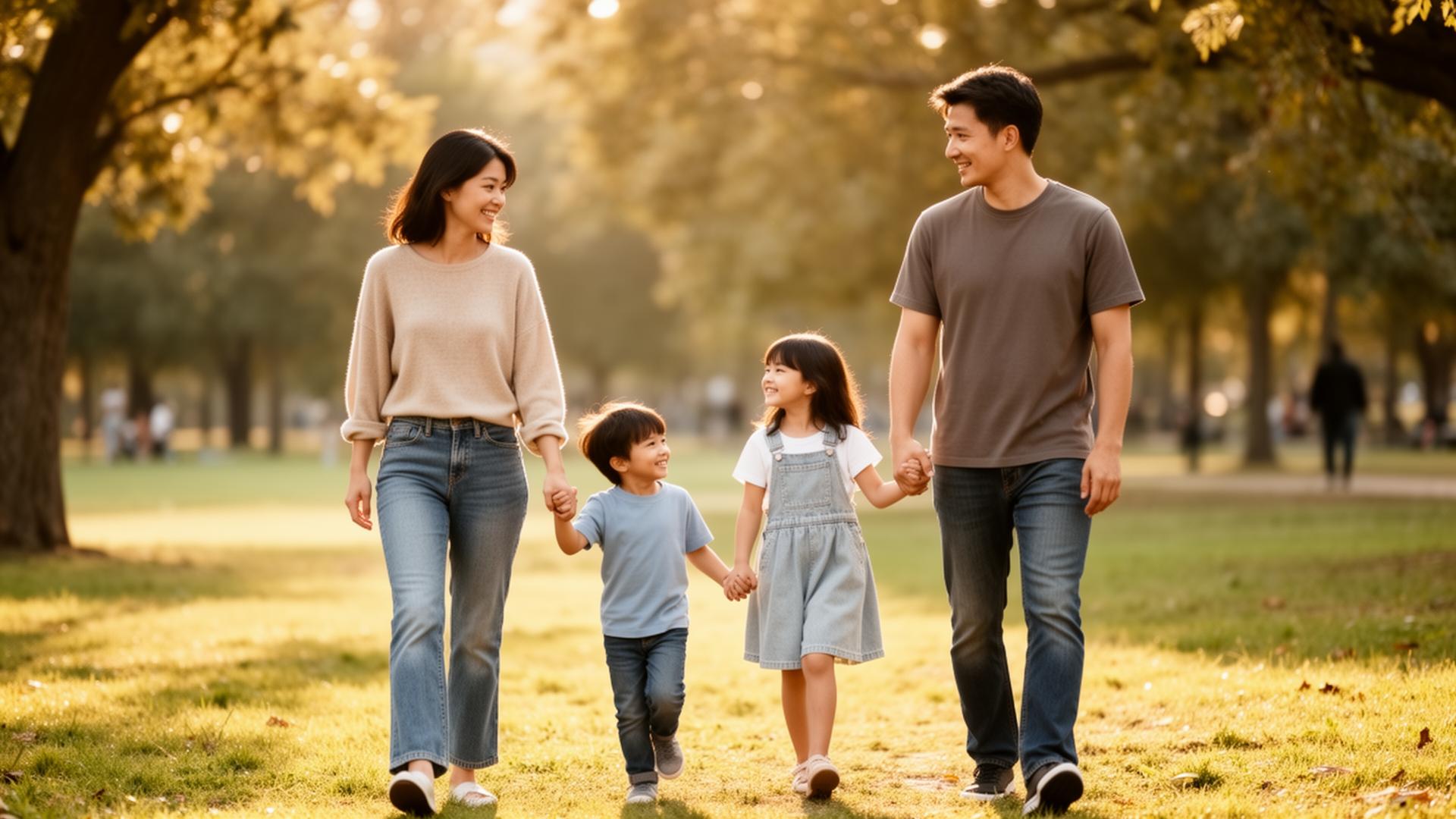 Familie geht gemeinsam Hand in Hand durch einen sonnigen Park