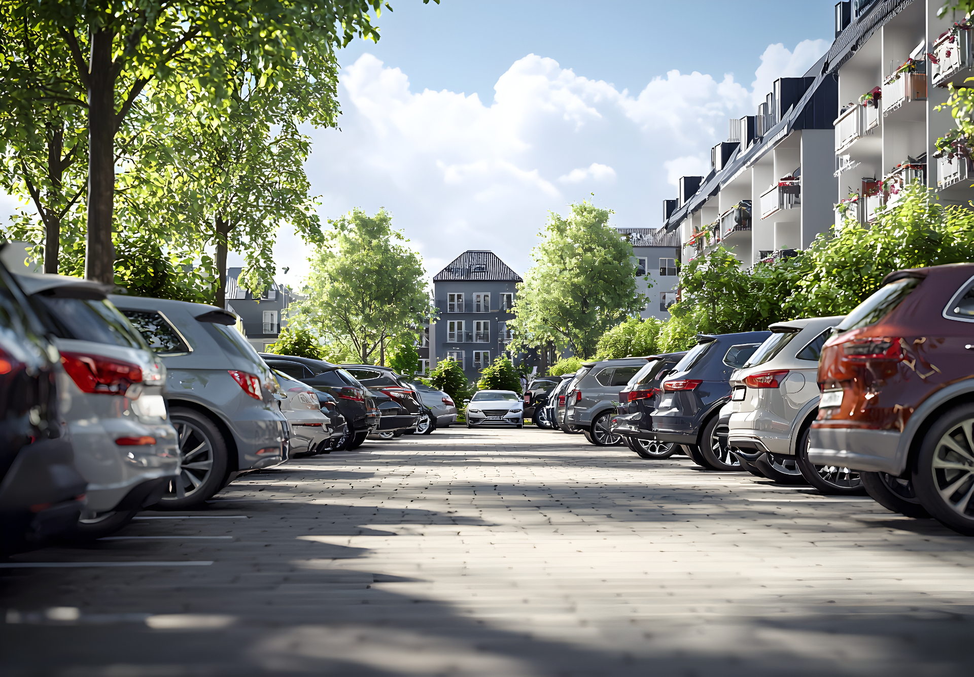 Parkende Fahrzeuge auf einem Parkplatz in Düsseldorf